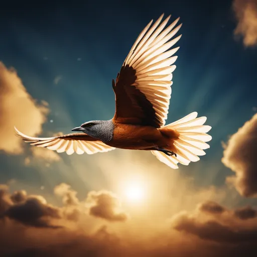 A Bird,flying in the sky, animation, Low Angle , Deep Color, Studio Lighting, Ultra Detailed.