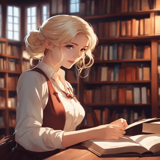 A beautiful blond girl working in a bookshop,  Japanese Anime Style, Portrait