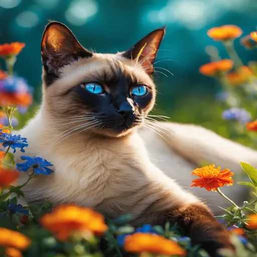 a Siamese cat laying in a sunny field of colorful wildflowers