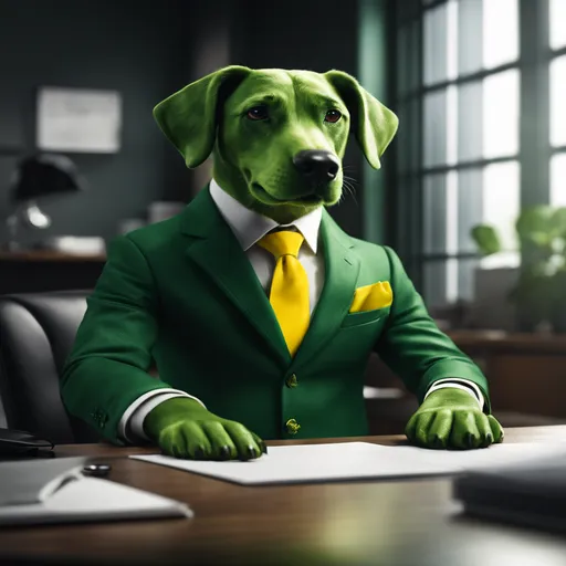 A green dog wearing a green suit with a yellow tie sitting in the office